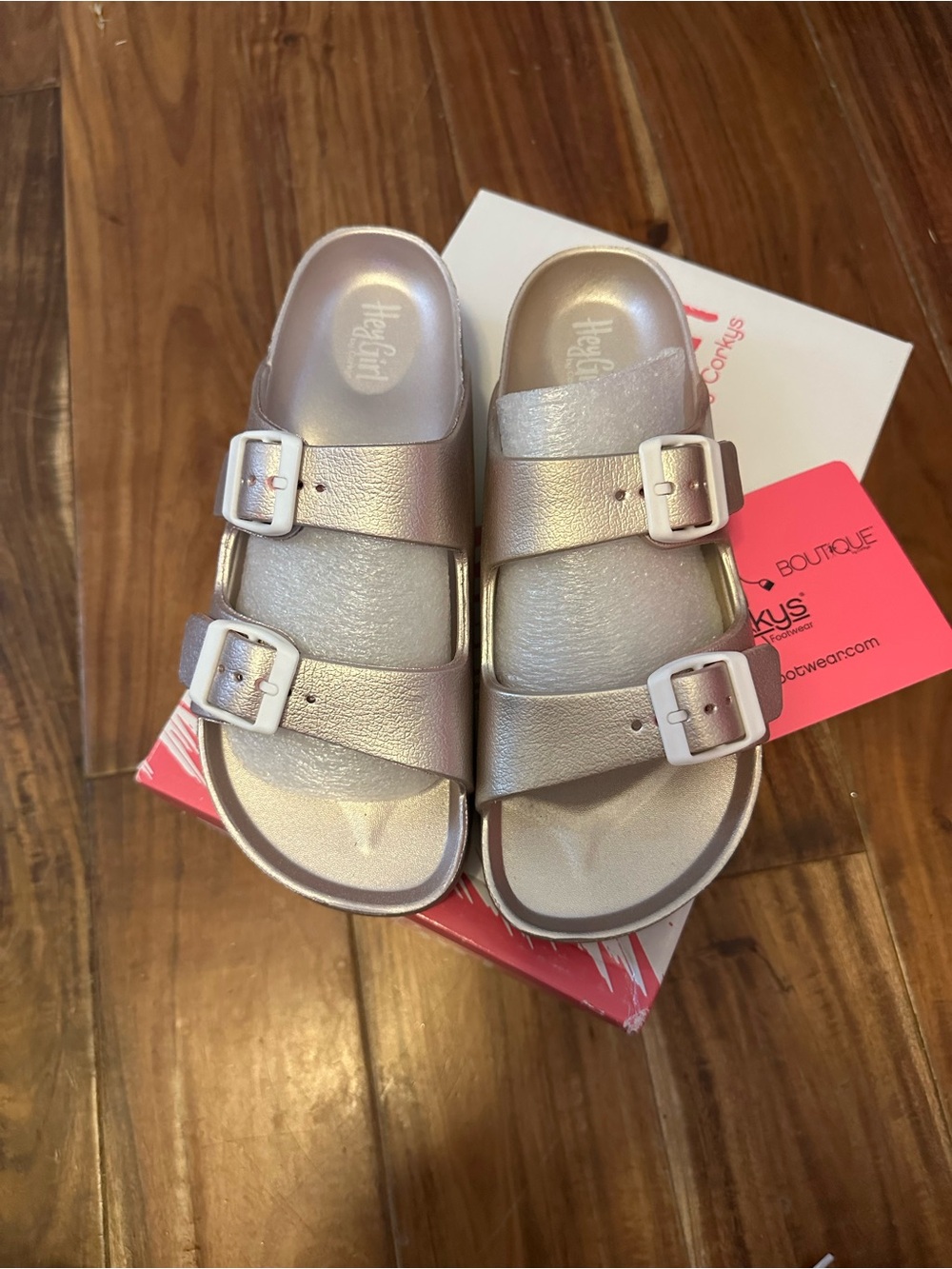 Corkys Metallic Pink Double Buckle Slide Sandals- New In Box - Picture 2 of 3
